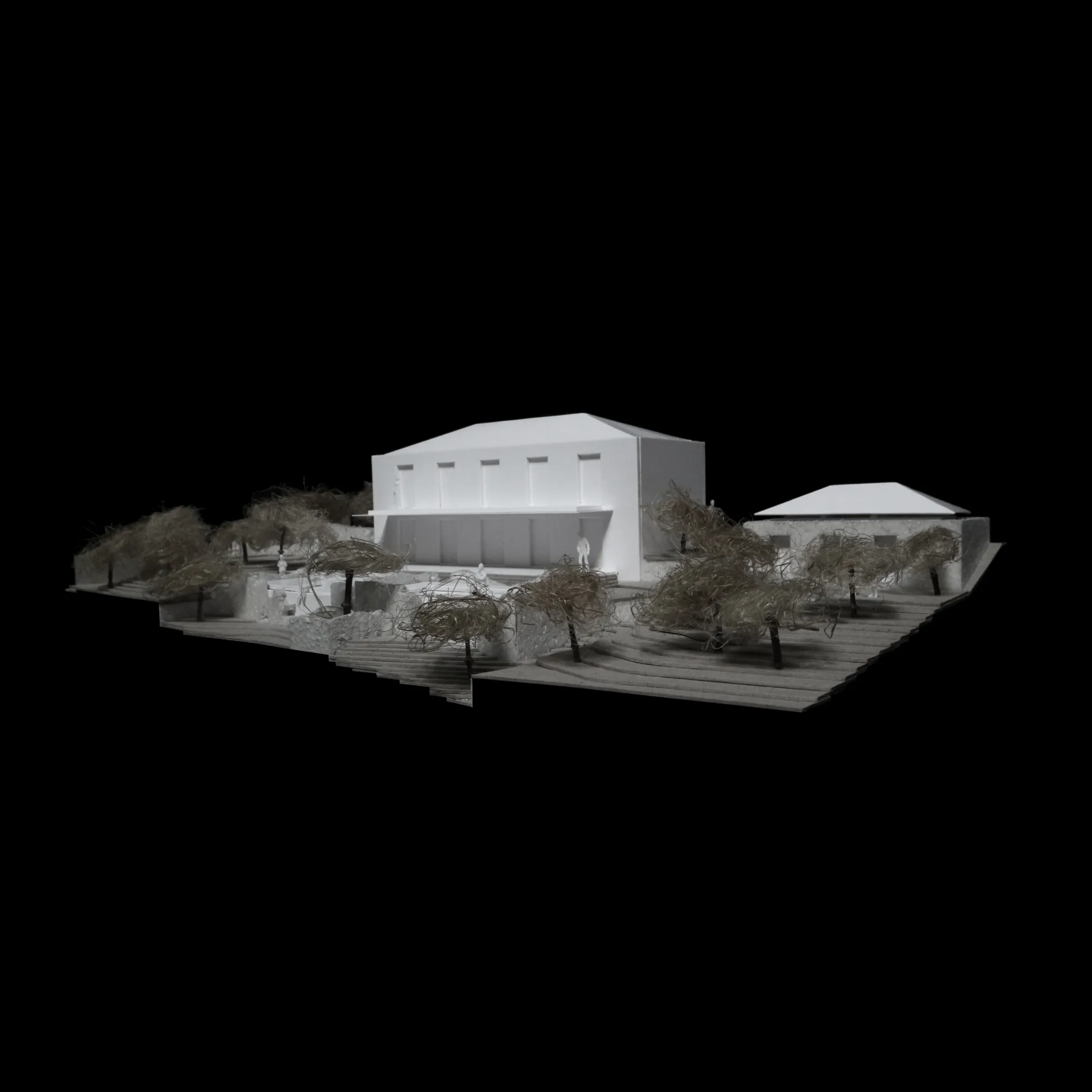 Maquete da Casa no Paul do Mar vista de nascente, com o volume novo em plano baixo.