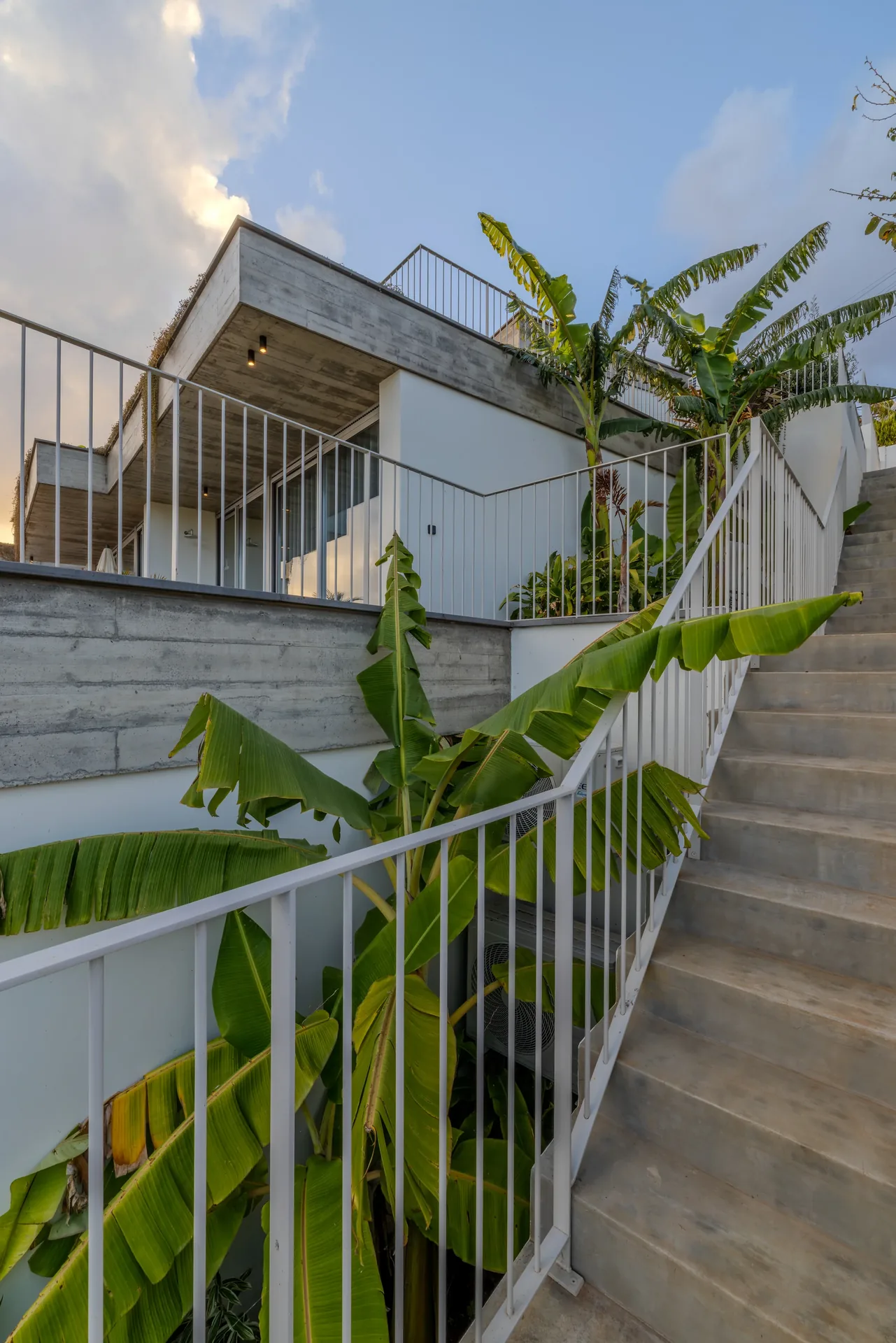 Escada exterior entre bananeiras, a vencer o desnível do terreno das Casas no Salão.