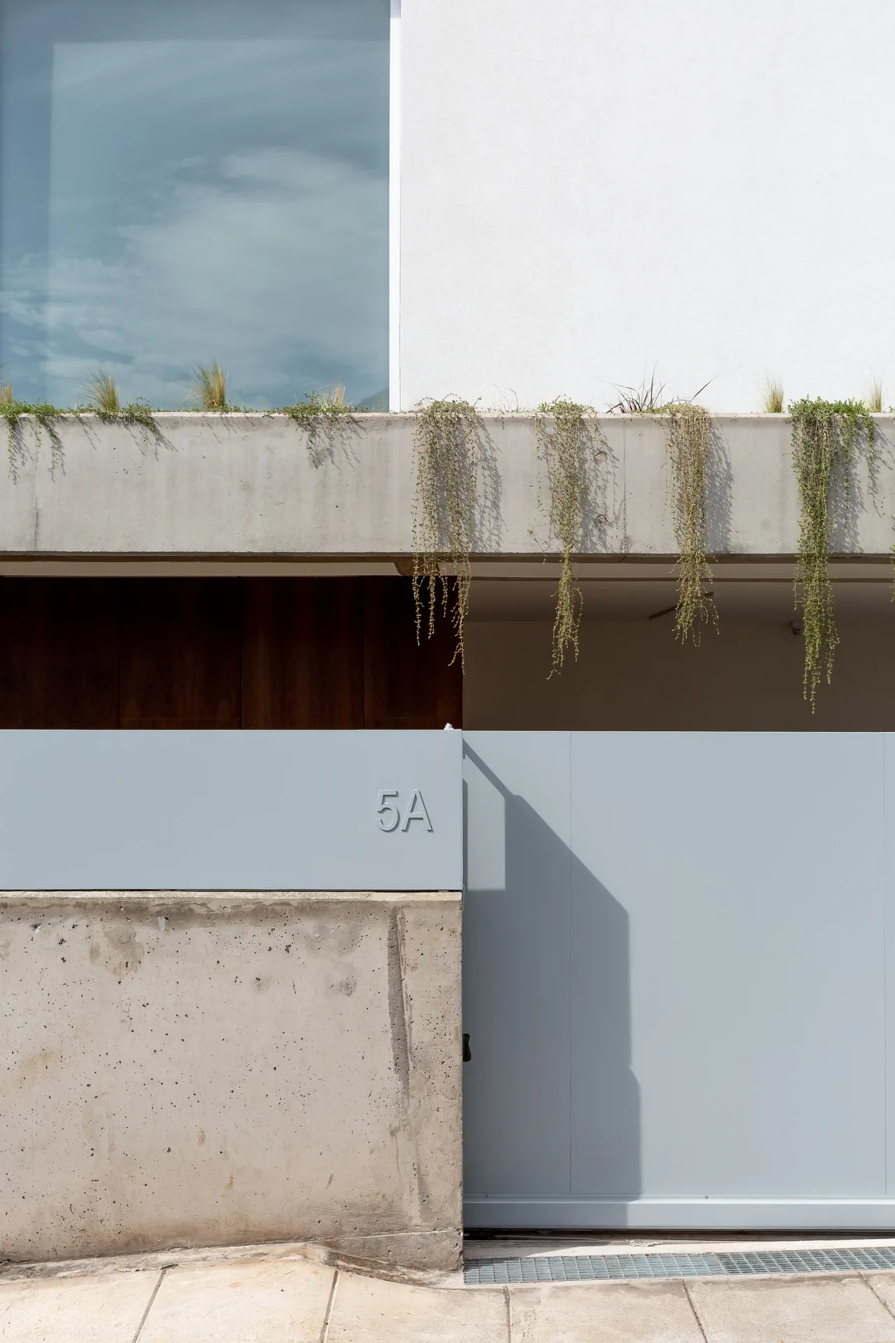 Entrada da Casa no Serrado da Adega, com floreira e betão à vista.
