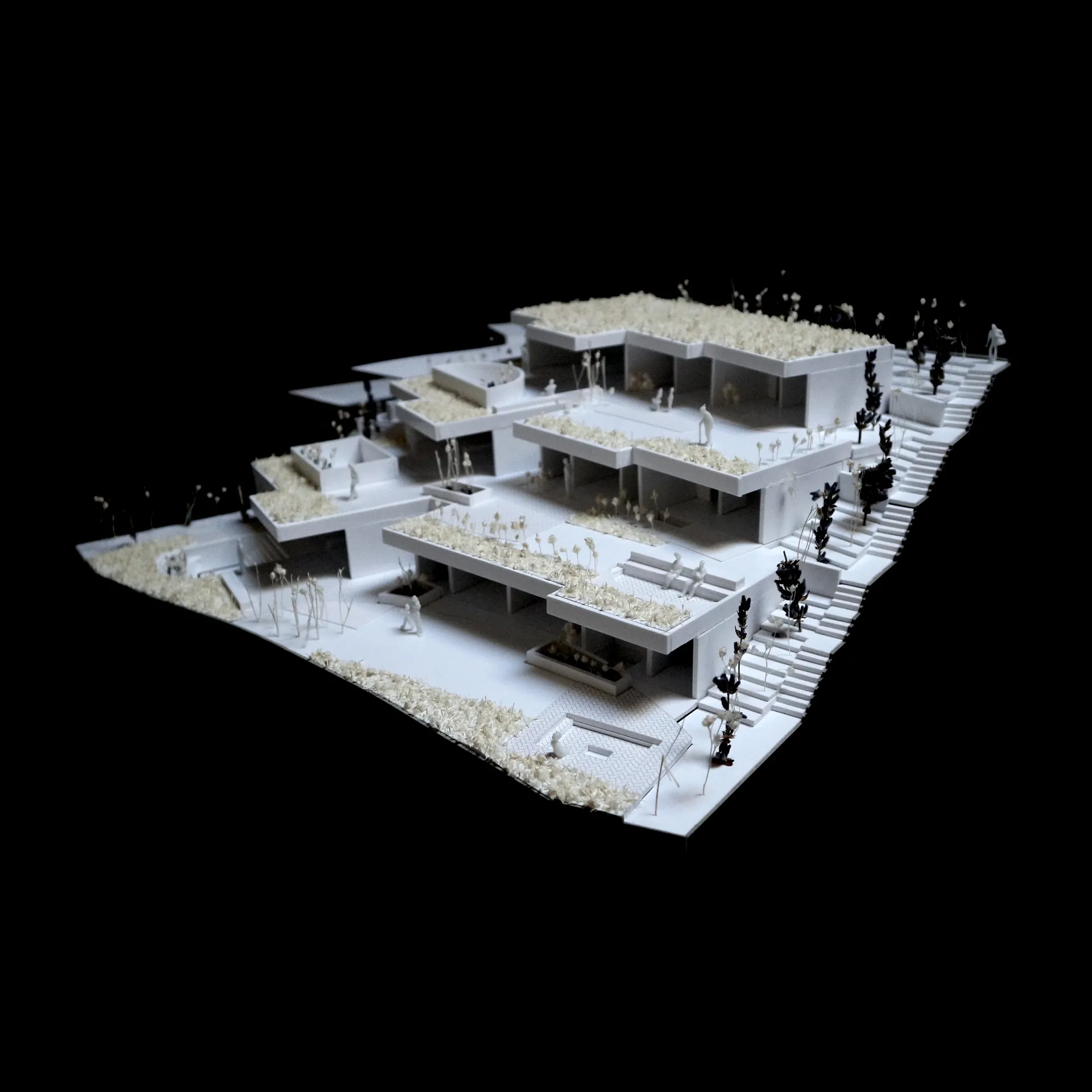 Maquete das Casas no Salão vista de nascente, com os pisos escalonados.